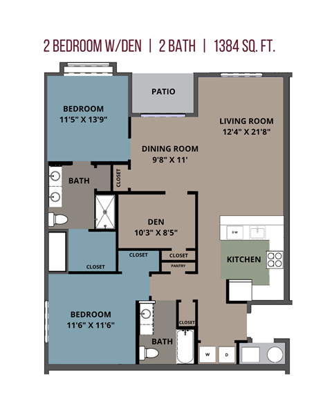 2 bed 2 bath w/ den 1384 sq ft